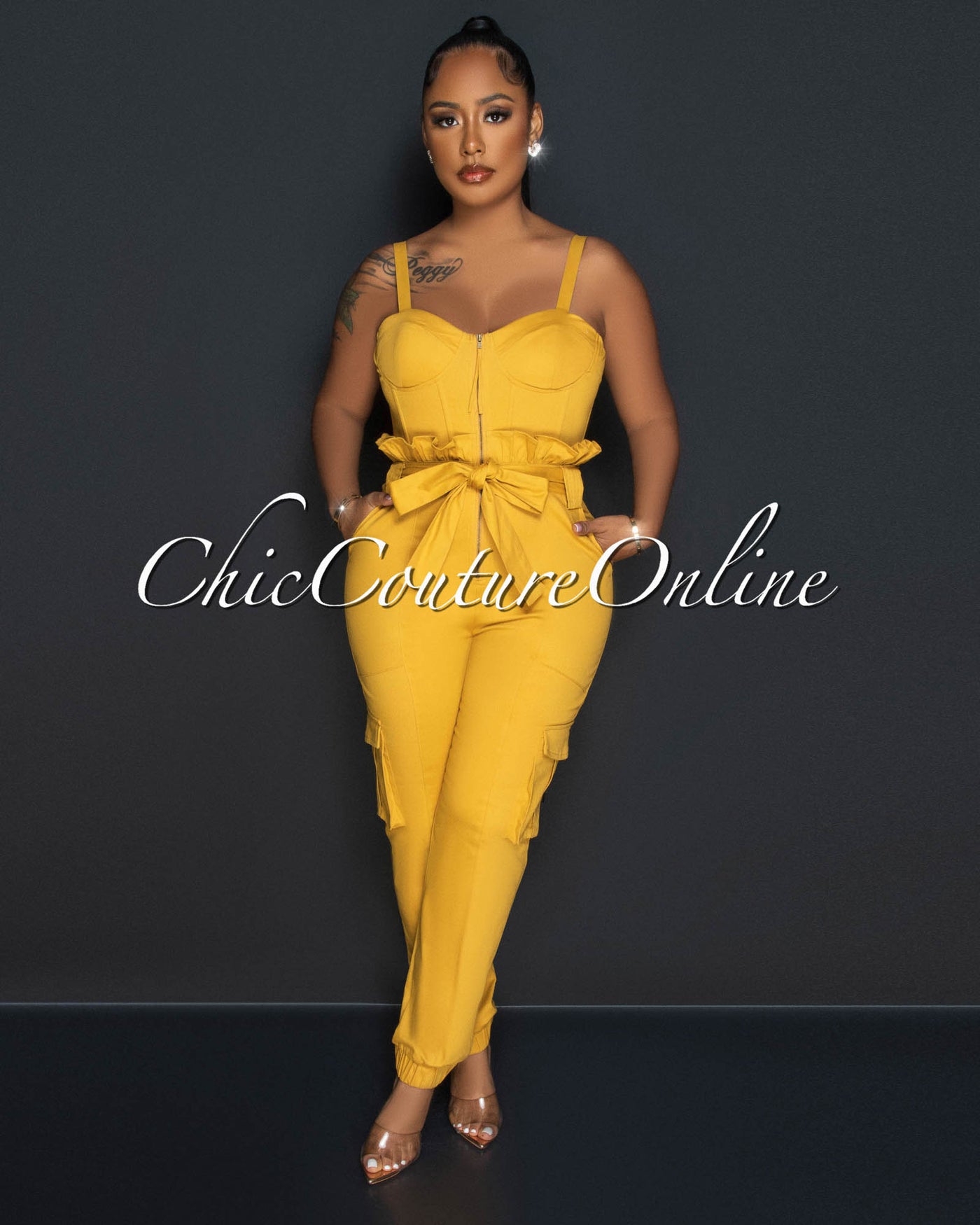 Vadda Mustard PaperBag Waistband Cargo Jumpsuit