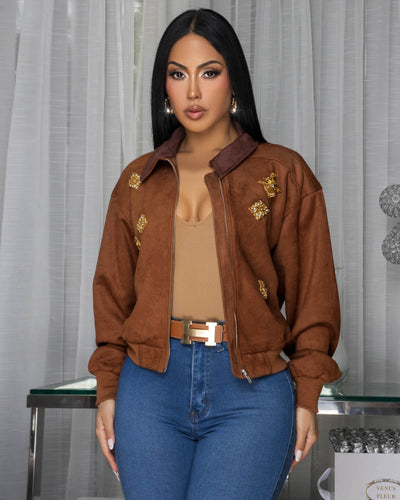 Palmita Camel Decor Accents Faux Suede Bomber Jacket (10/9/2025)