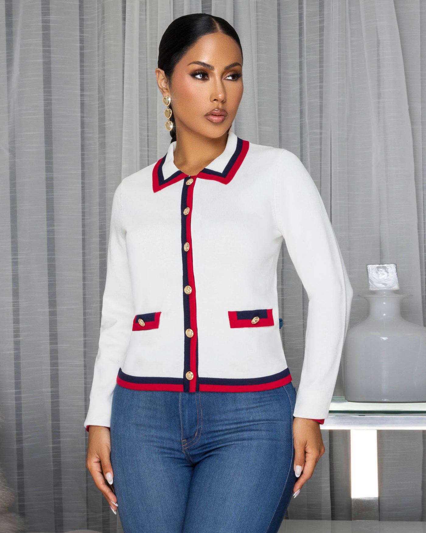 Vittola Off-White Stripes Trim Cardigan