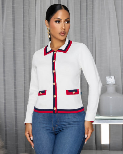 Vittola Off-White Stripes Trim Cardigan