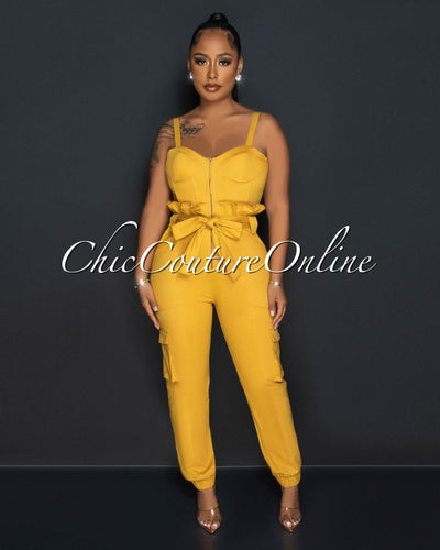 Vadda Mustard PaperBag Waistband Cargo Jumpsuit