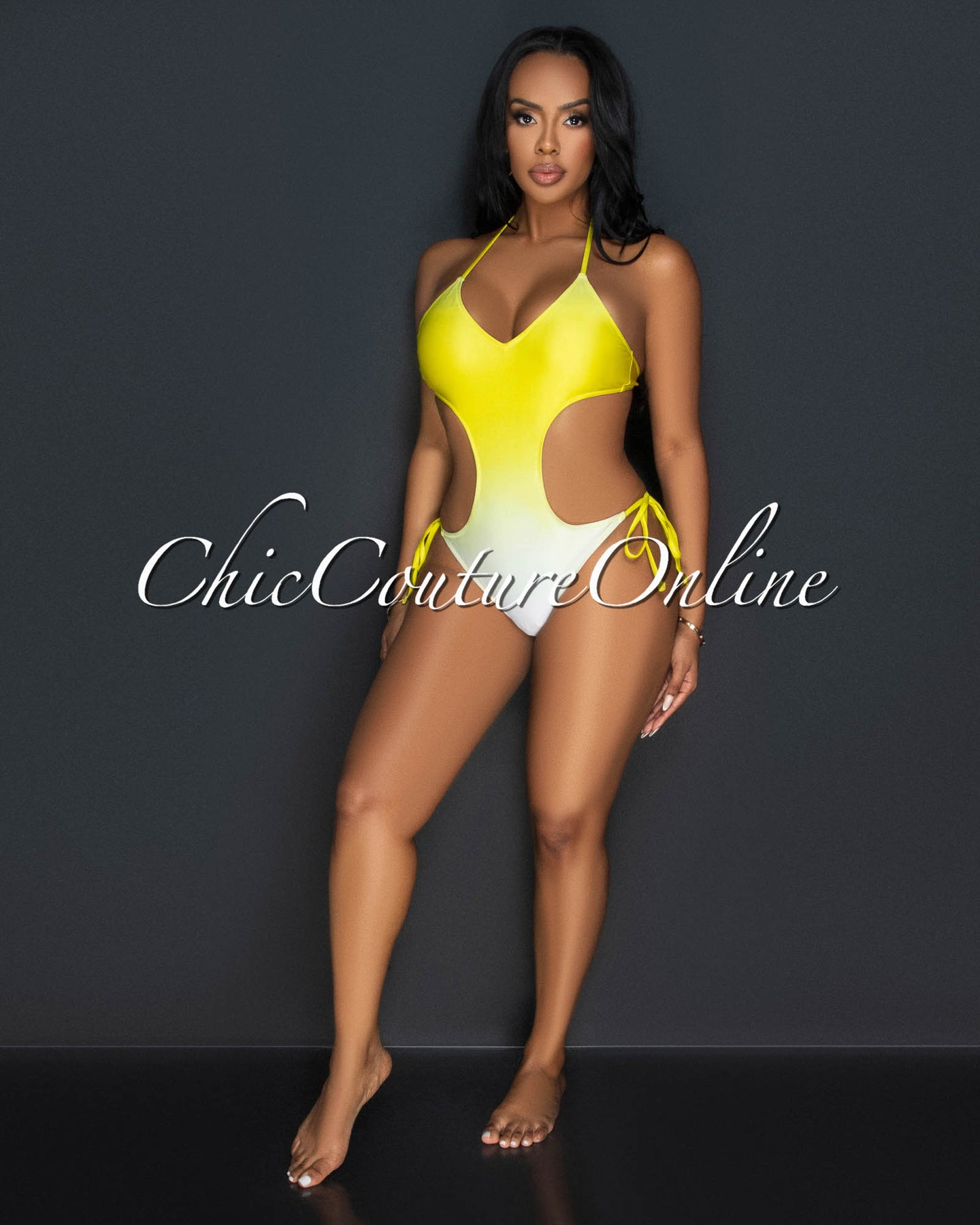 *Nona Yellow Ombre Halter Strappy One Piece Swimsuit