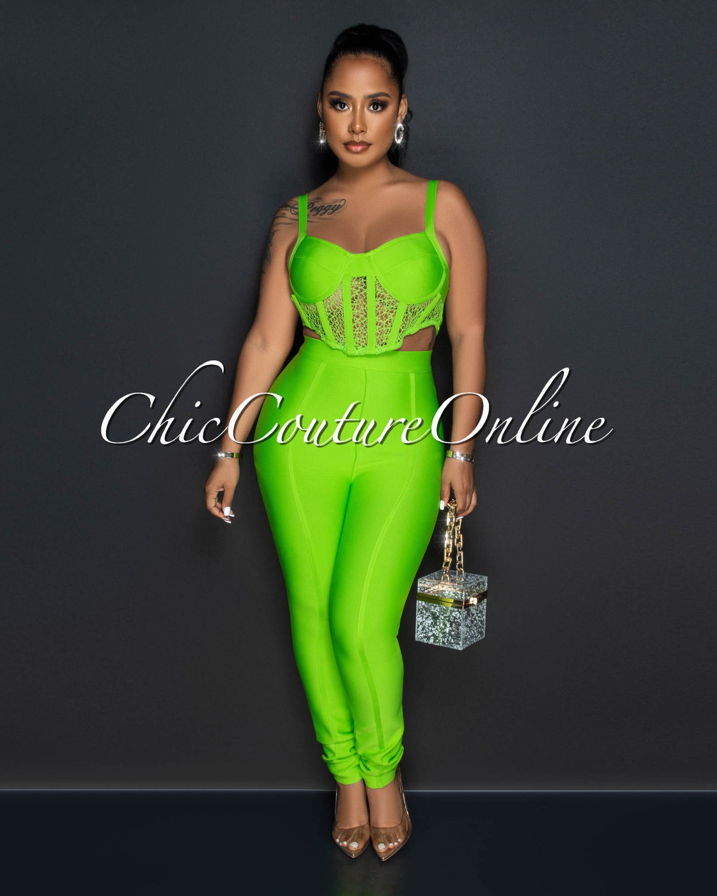 *Adrina Lime Corset Lace Top & Pants Bandage Set