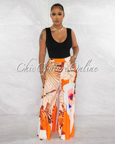 *Connor Cream Orange Print Wide Silky Pants