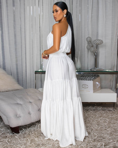 Belkys Off-White Single Shoulder Tiered Maxi Dress