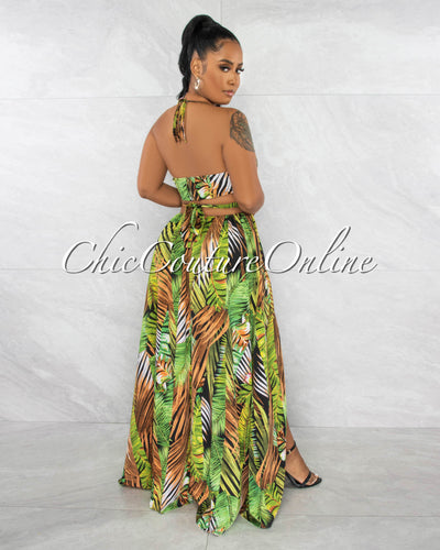 Idola Black Green Palm Print Cut-Out Sides Maxi Dress
