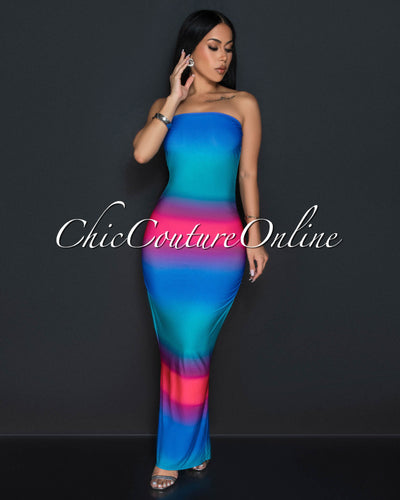 Ozlem Fuchsia Blue Ruched Tube Maxi Dress