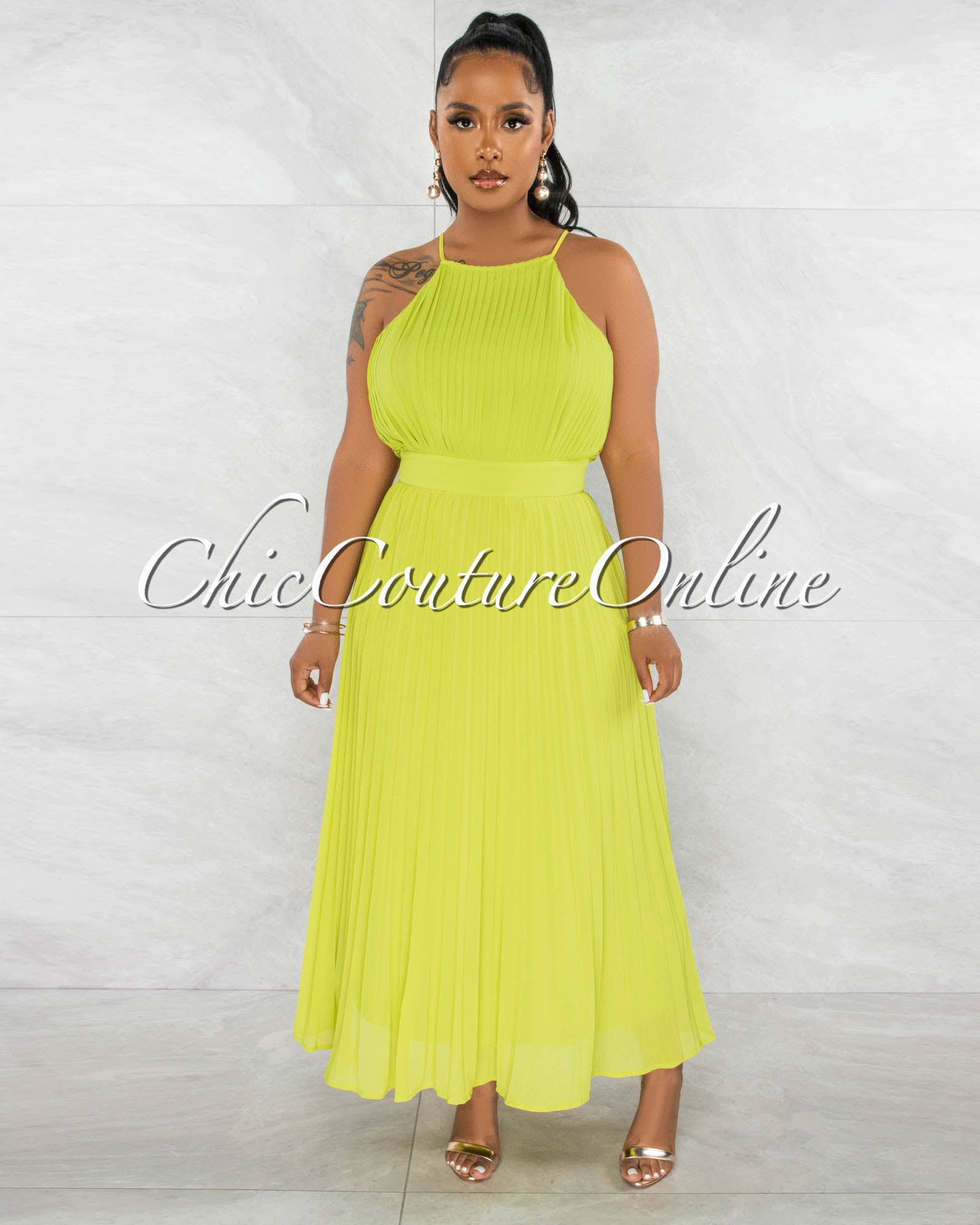 *Yedda Lime Green Pleated Maxi Dress