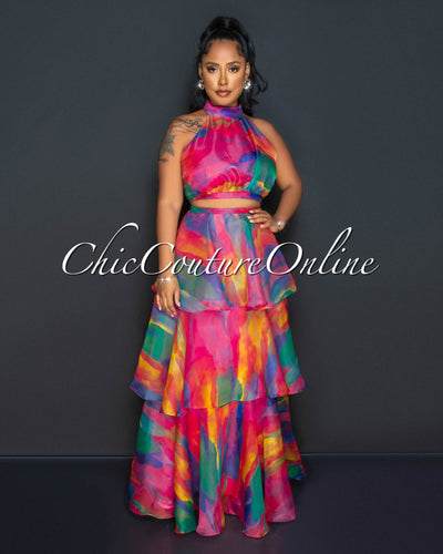 Sina Fuchsia Multi-Color Print Crop Top & Tier Maxi Skirt Set