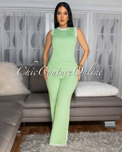 Annika Light Sage Green White Trim Knit Pants Set