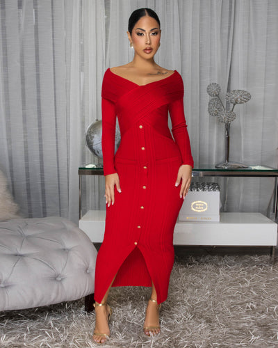Valen Red Ribbed Midi Dress