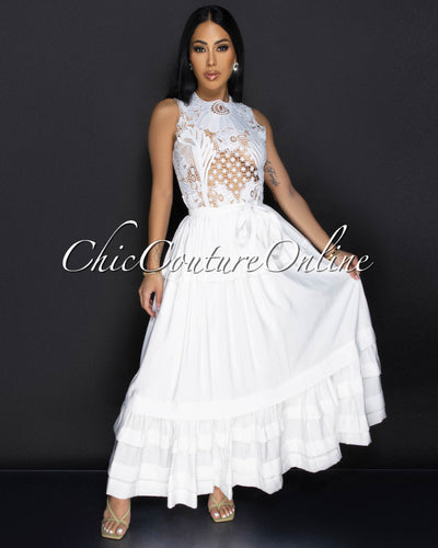 Norine White Lace Ruffle Maxi Dress