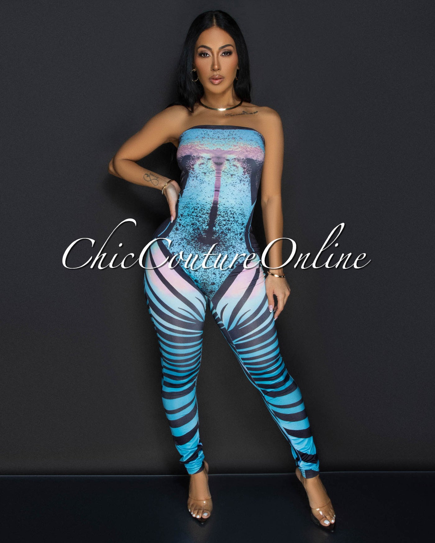 Kyana Blue Black Strapless Bodycon Jumpsuit