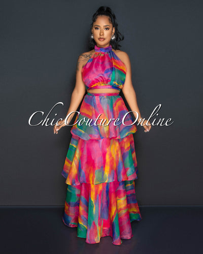Sina Fuchsia Multi-Color Print Crop Top & Tier Maxi Skirt Set