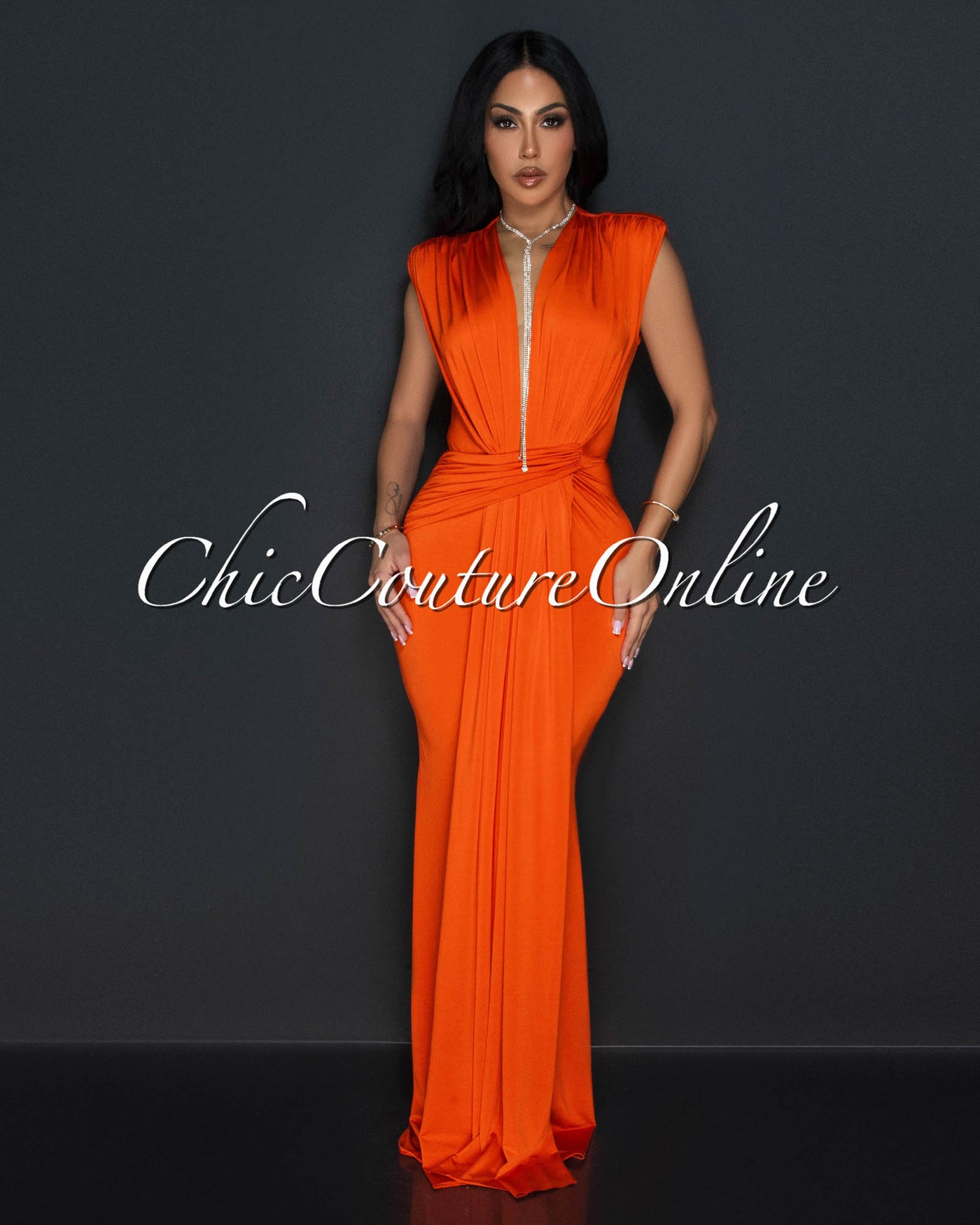 Alea Orange Sleeveless Deep V Neck Maxi Dress