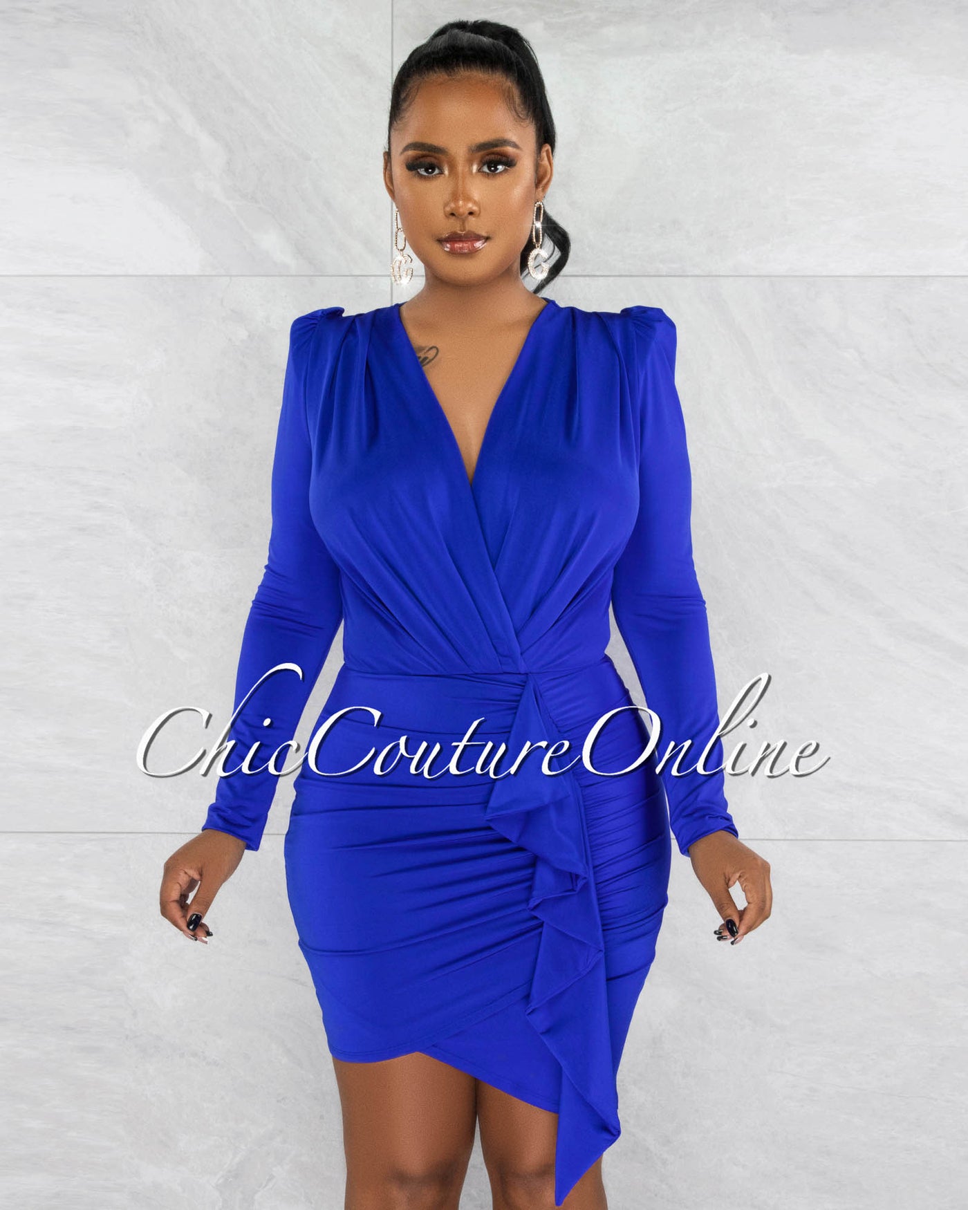 *Graciela Royal Blue Deep-V Ruffle Accent Dress