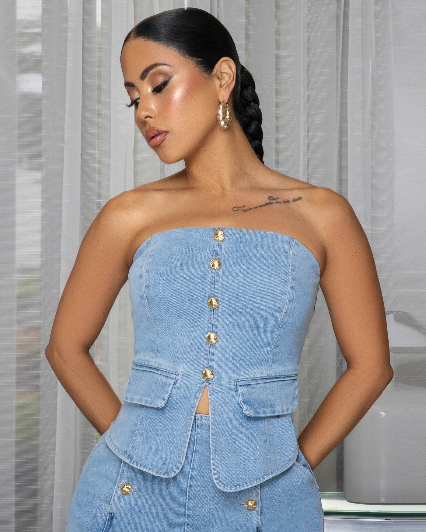 Akai Light Denim Gold Buttons Strapless Top