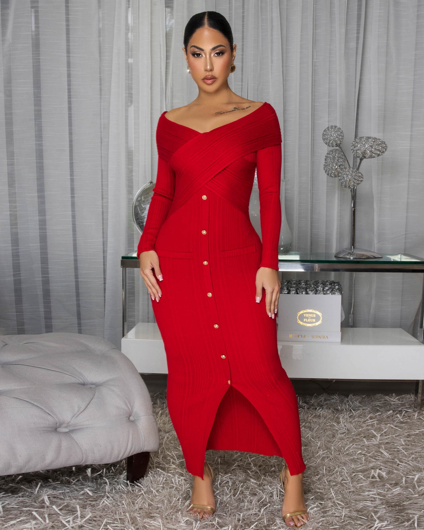 Valen Red Ribbed Midi Dress