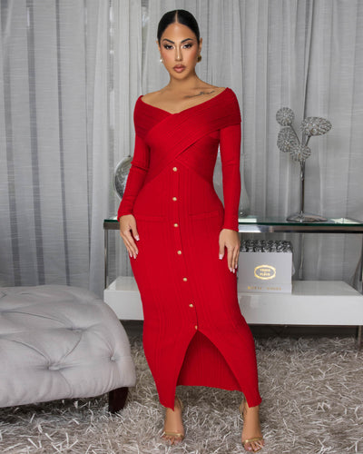 Valen Red Ribbed Midi Dress