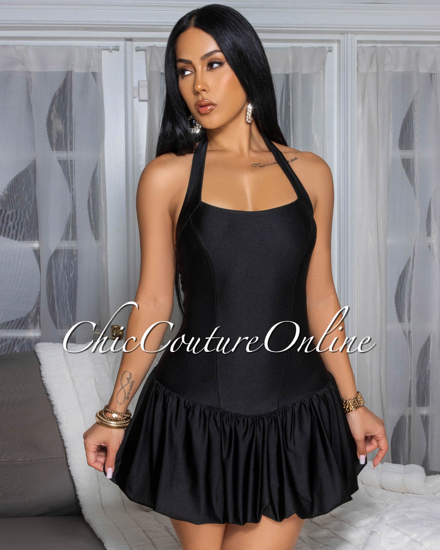 Goya Black Bubble Mini Halter Dress