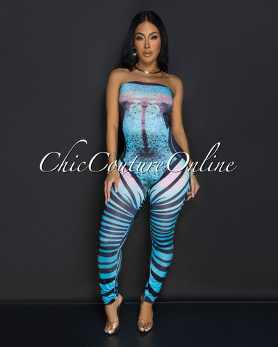 Kyana Blue Black Strapless Bodycon Jumpsuit