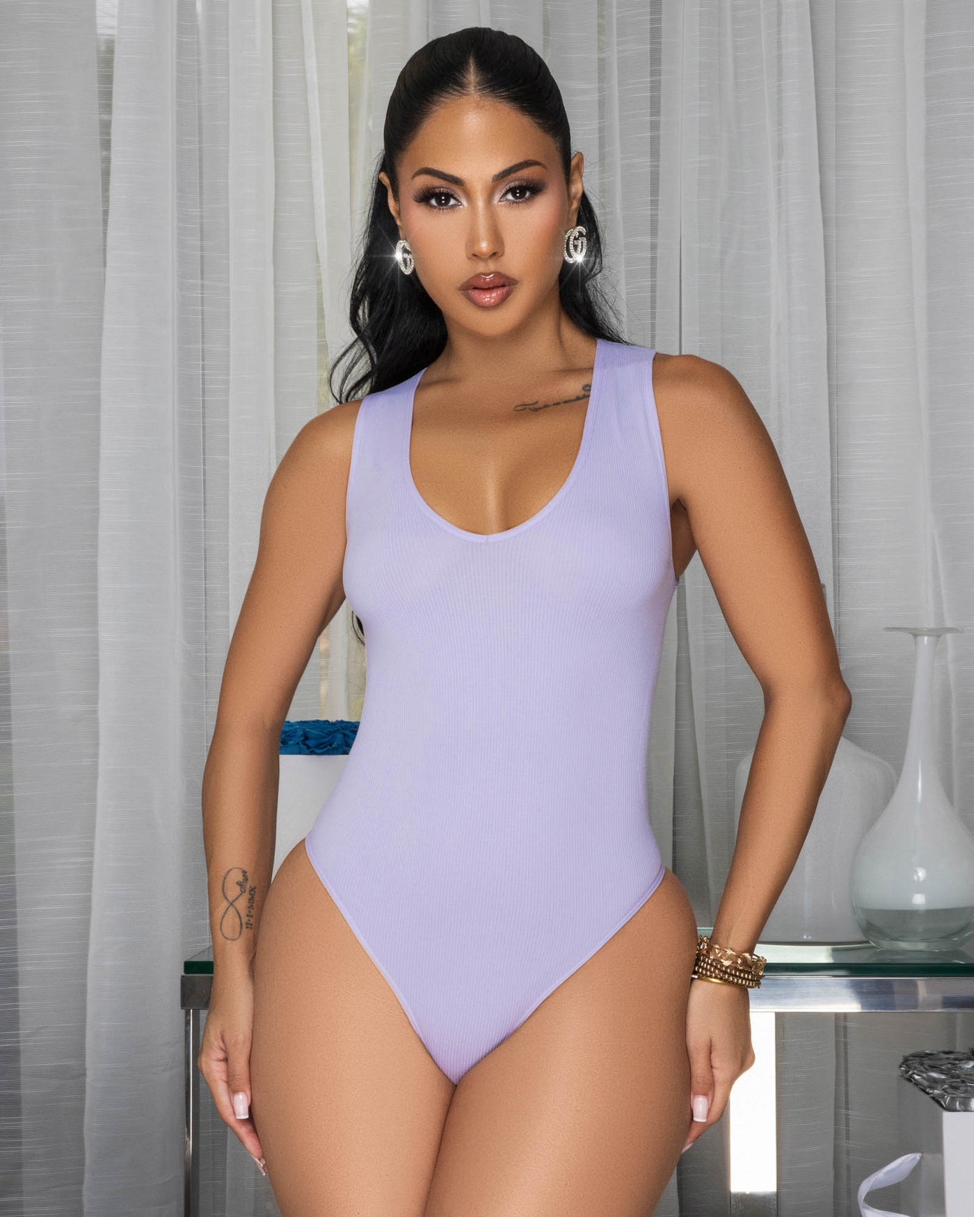 Bussie Lilac Ribbed Body-Con Bodysuit