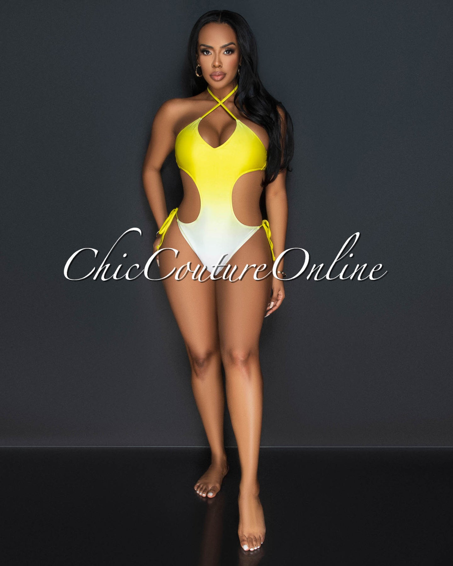 *Nona Yellow Ombre Halter Strappy One Piece Swimsuit