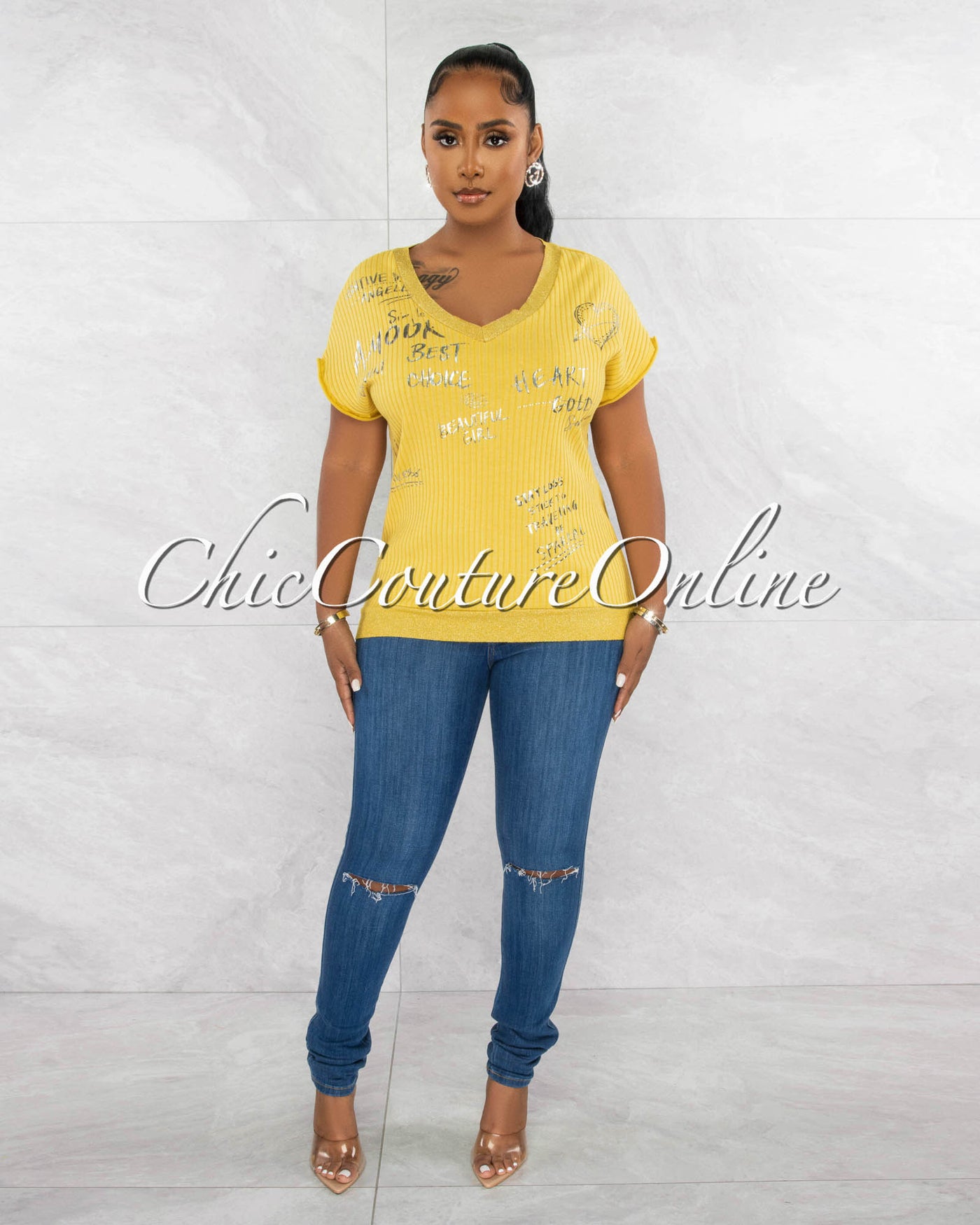 *Levity Mustard Silver Graphic Ribbed Top