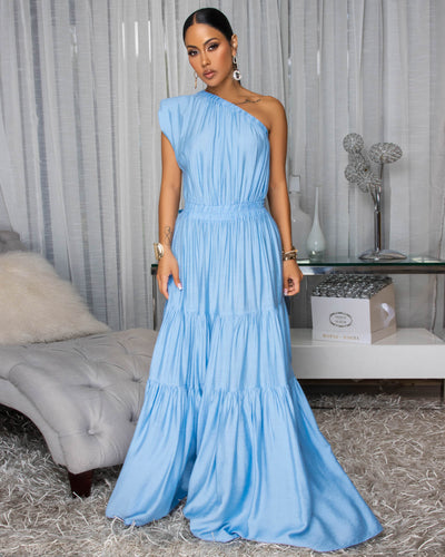 Belkys Baby Blue Single Shoulder Tiered Maxi Dress