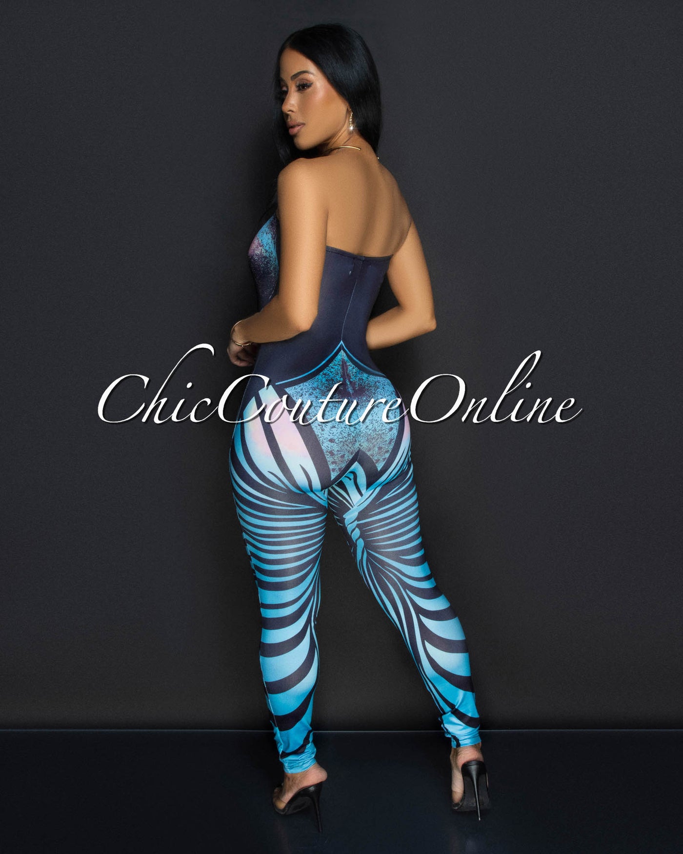 Kyana Blue Black Strapless Bodycon Jumpsuit