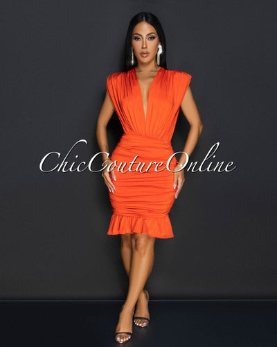 Amai Orange Deep-V Ruched Ruffle Dress