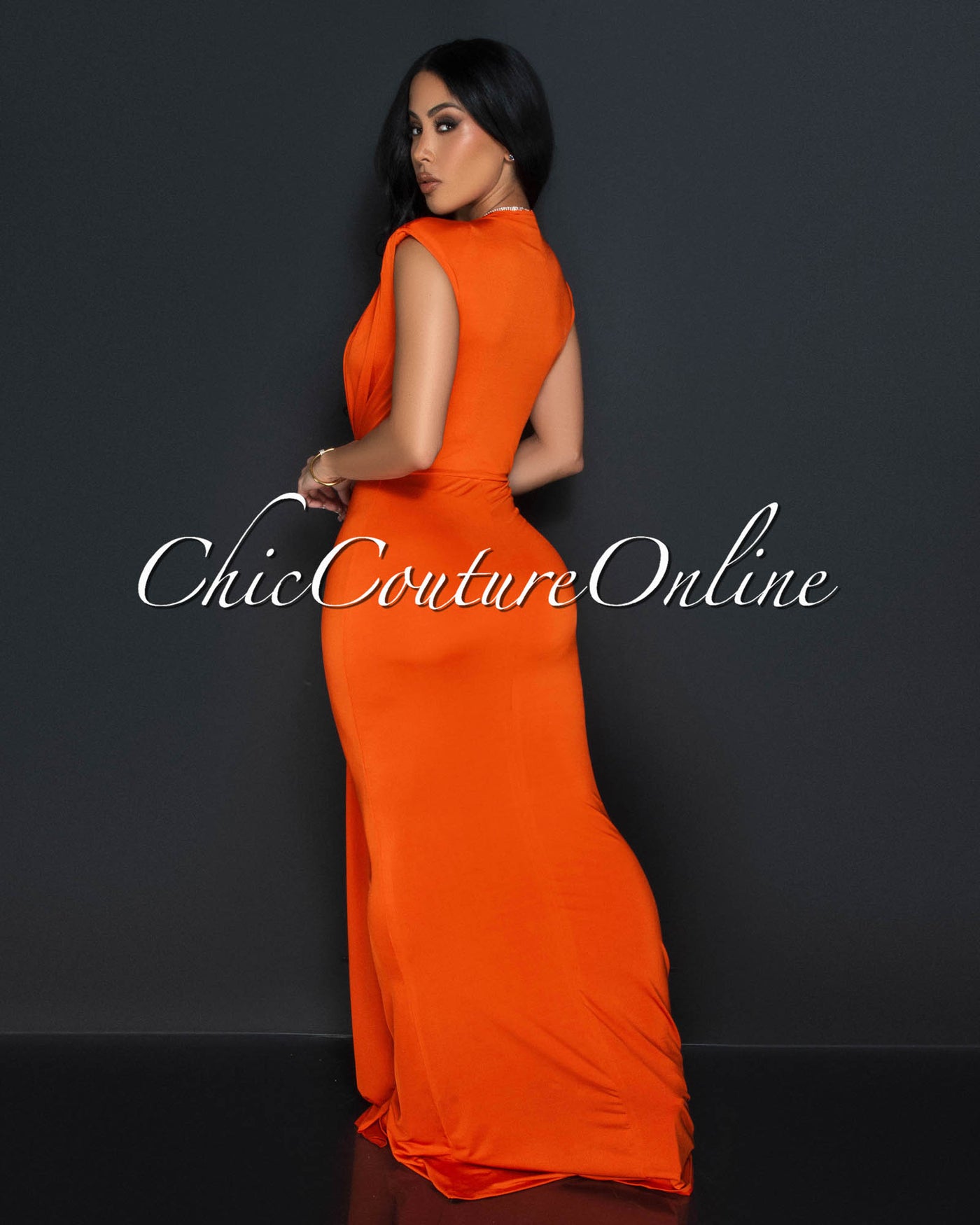 Alea Orange Sleeveless Deep V Neck Maxi Dress