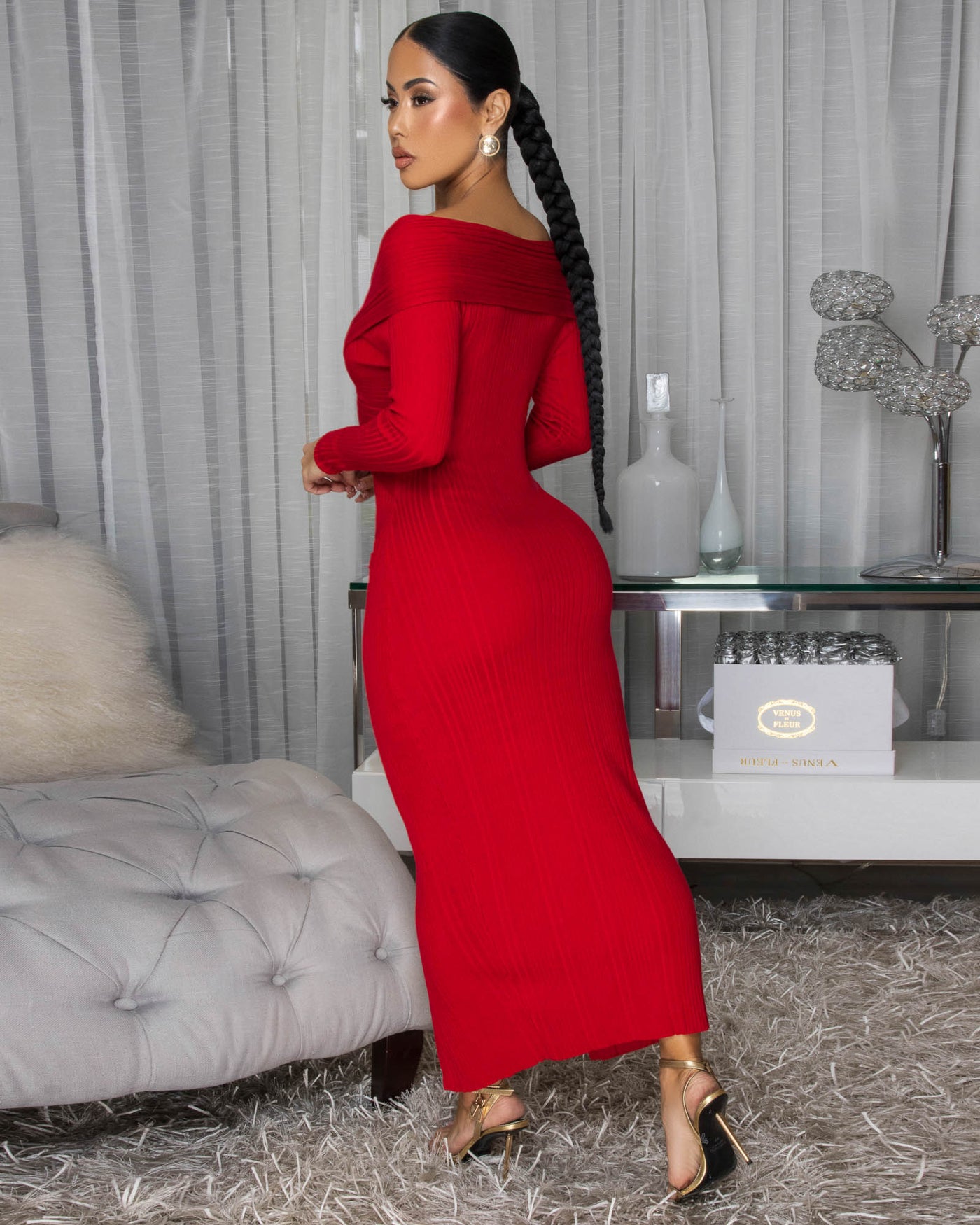 Valen Red Ribbed Midi Dress