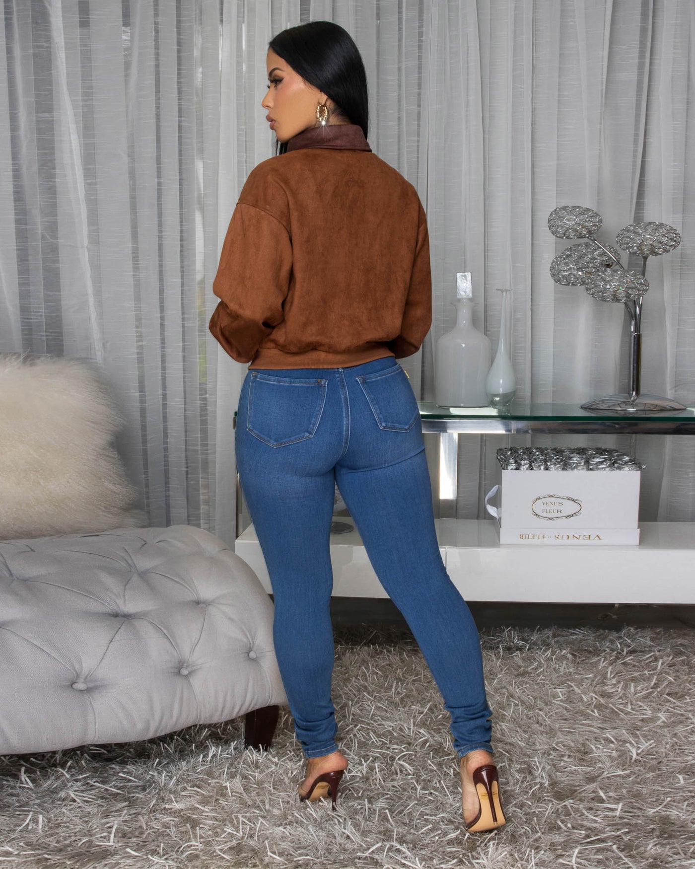 Palmita Camel Decor Accents Faux Suede Bomber Jacket (10/9/2025)