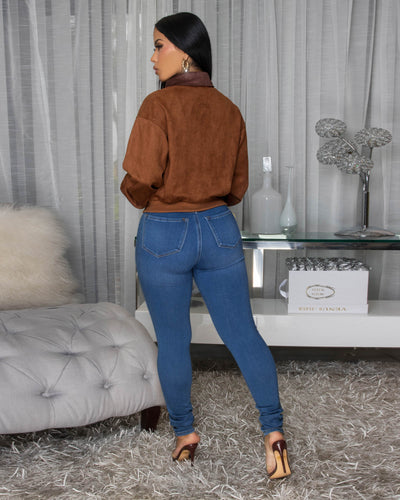 Palmita Camel Decor Accents Faux Suede Bomber Jacket (10/9/2025)