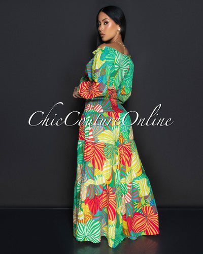 Nedia Tropical Front Tie Top & Smocked Wide Pants Set