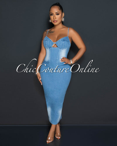 Donita Light Blue Denim Draped Fitted Midi Dress