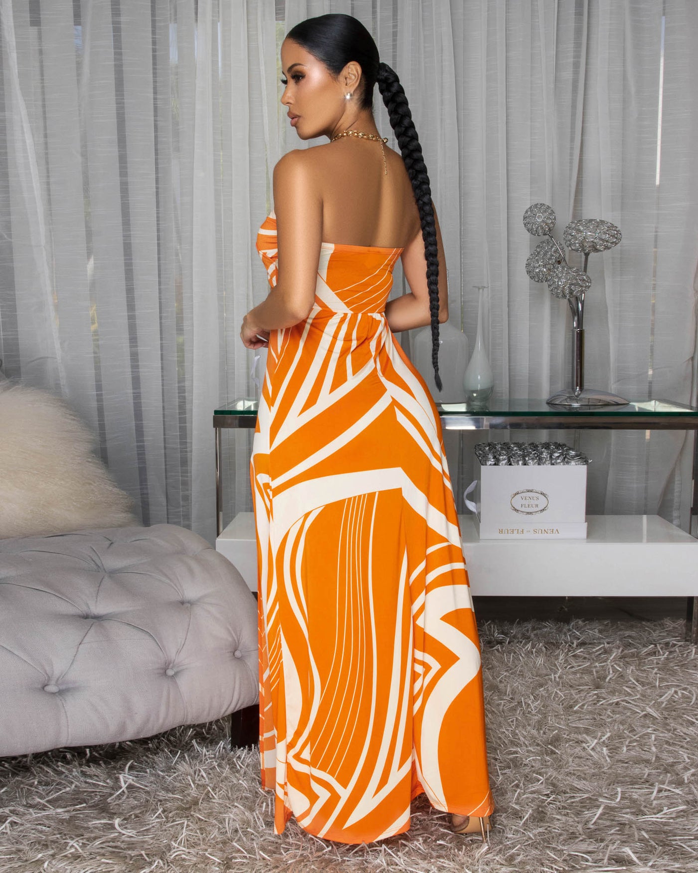 Agnes Tangerine Nude Slit Strapless Maxi Dress