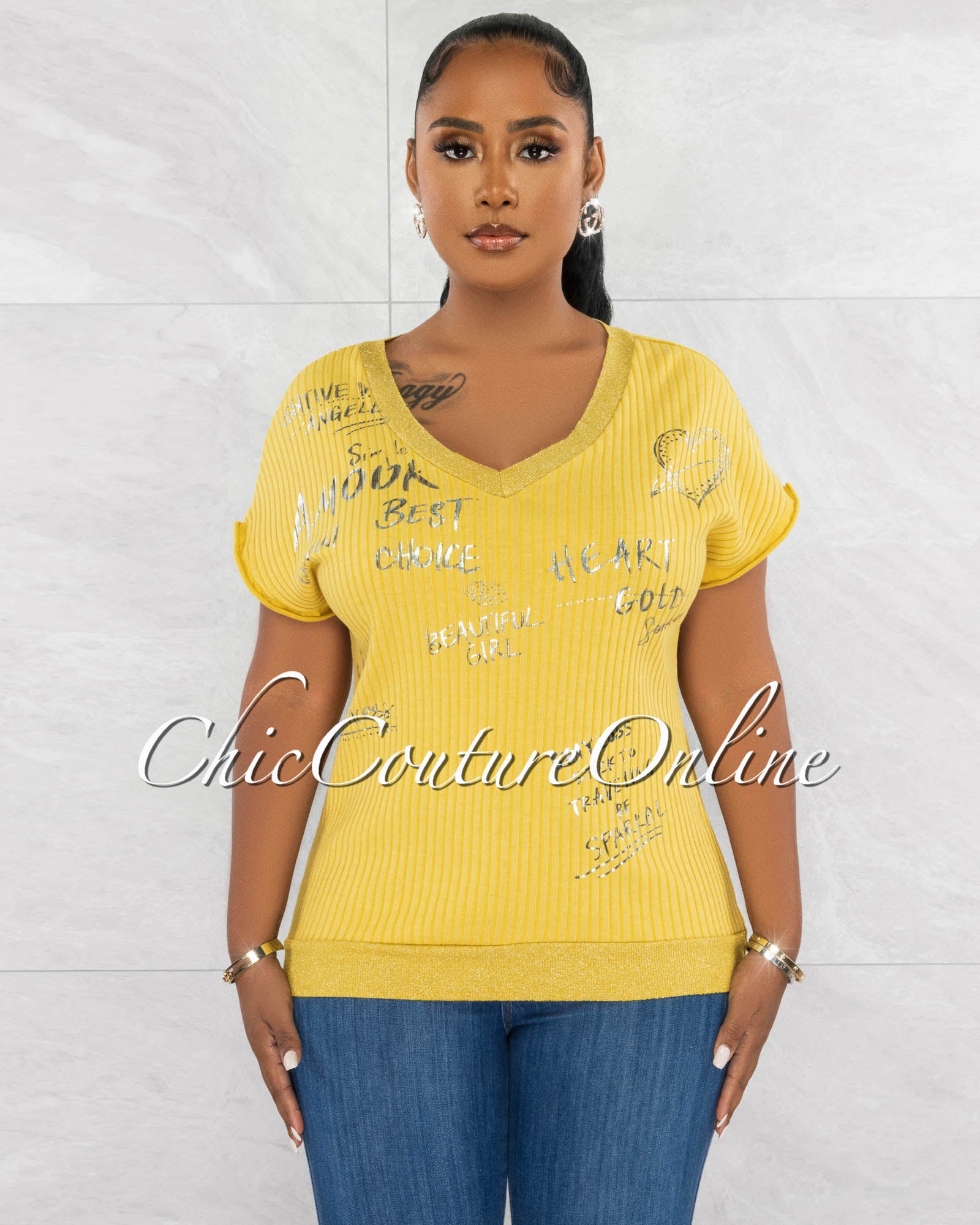 Levity Silver Graphic Ribbed Top