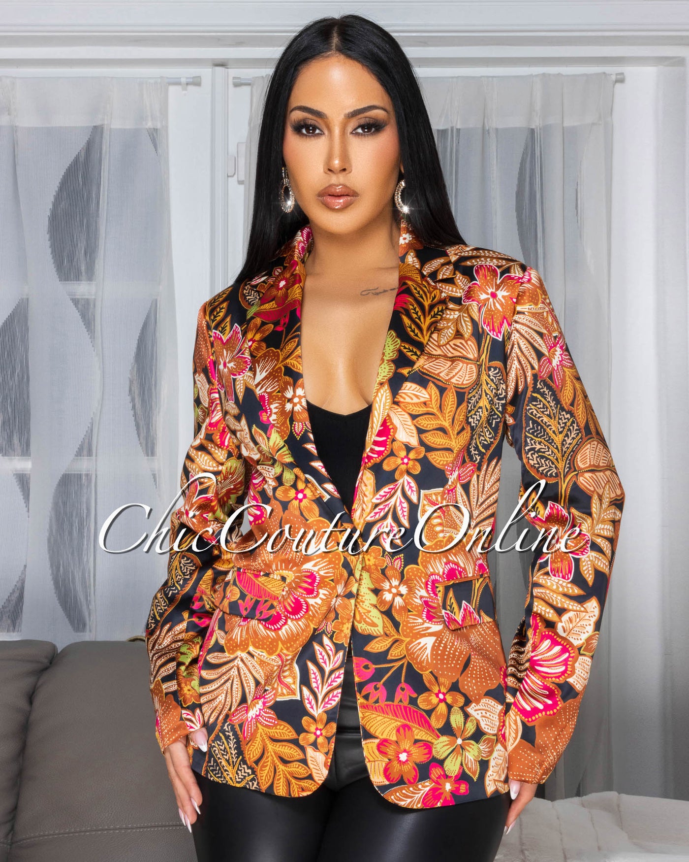 Bellina Rust Multi-Color Floral Print Boyfriend Blazer