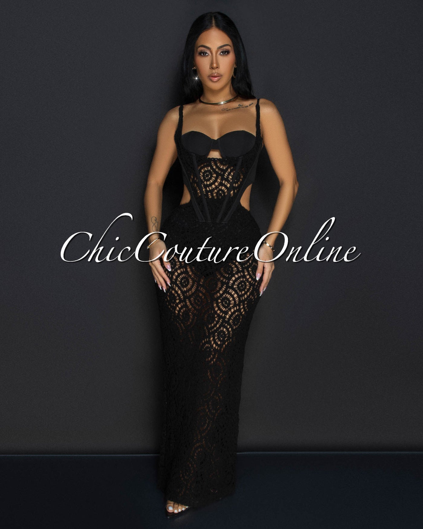 Melora Black Bustier Cut-Out Crochet Maxi Dress