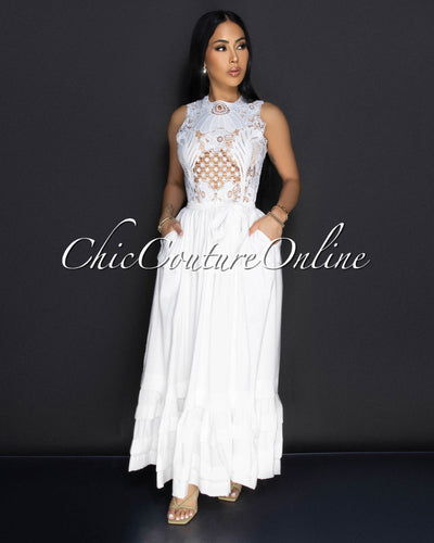 Norine White Lace Ruffle Maxi Dress