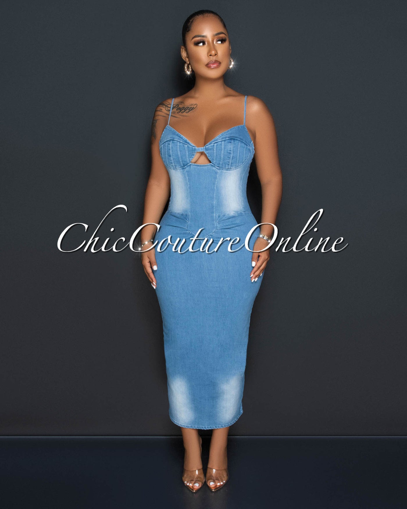 Donita Light Blue Denim Draped Fitted Midi Dress