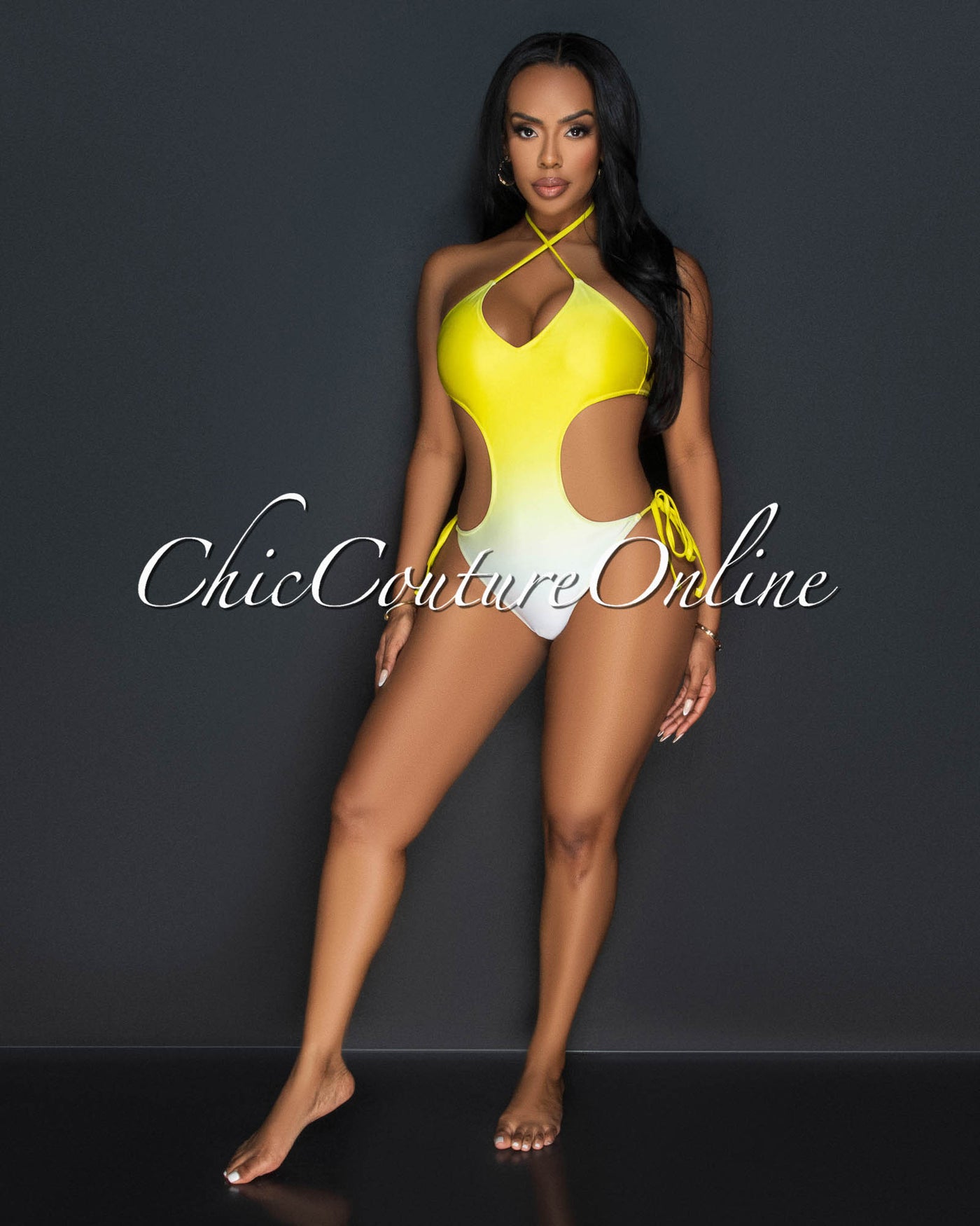 Nona Yellow Ombre Halter Strappy One Piece Swimsuit