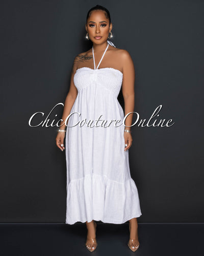 *Yabel White Strapless Ruffle Hem LINEN Midi Dress