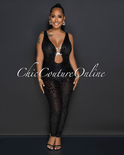 Reece Black Leopard Velvet Texture Gold Accent Sheer Jumpsuit