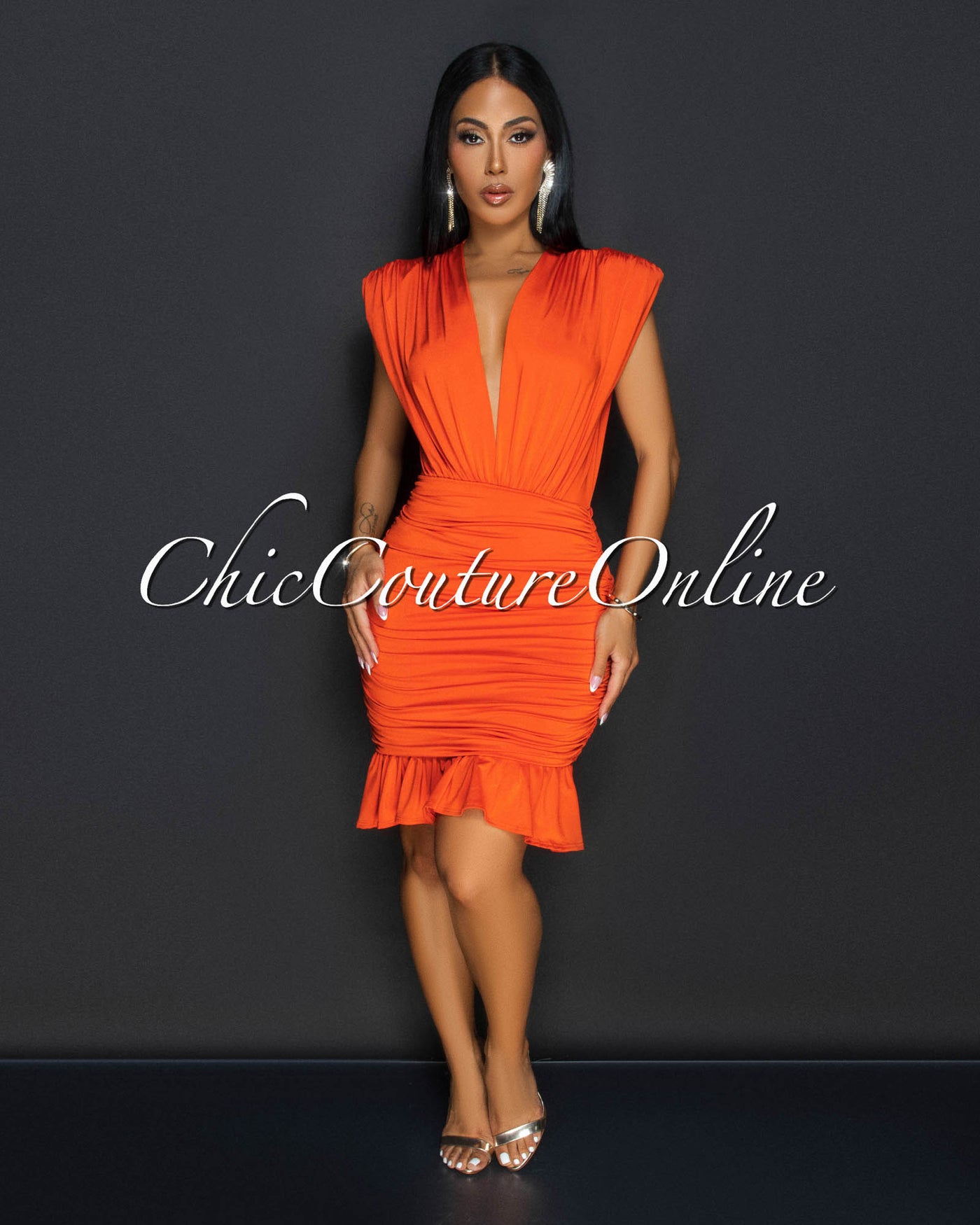 Amai Orange Deep-V Ruched Ruffle Dress