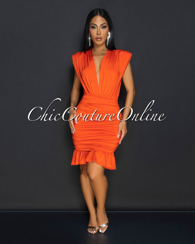 Amai Orange Deep-V Ruched Ruffle Dress