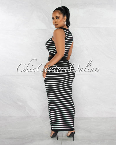 Berry Black White Crop Top & Maxi Skirt Knit Set