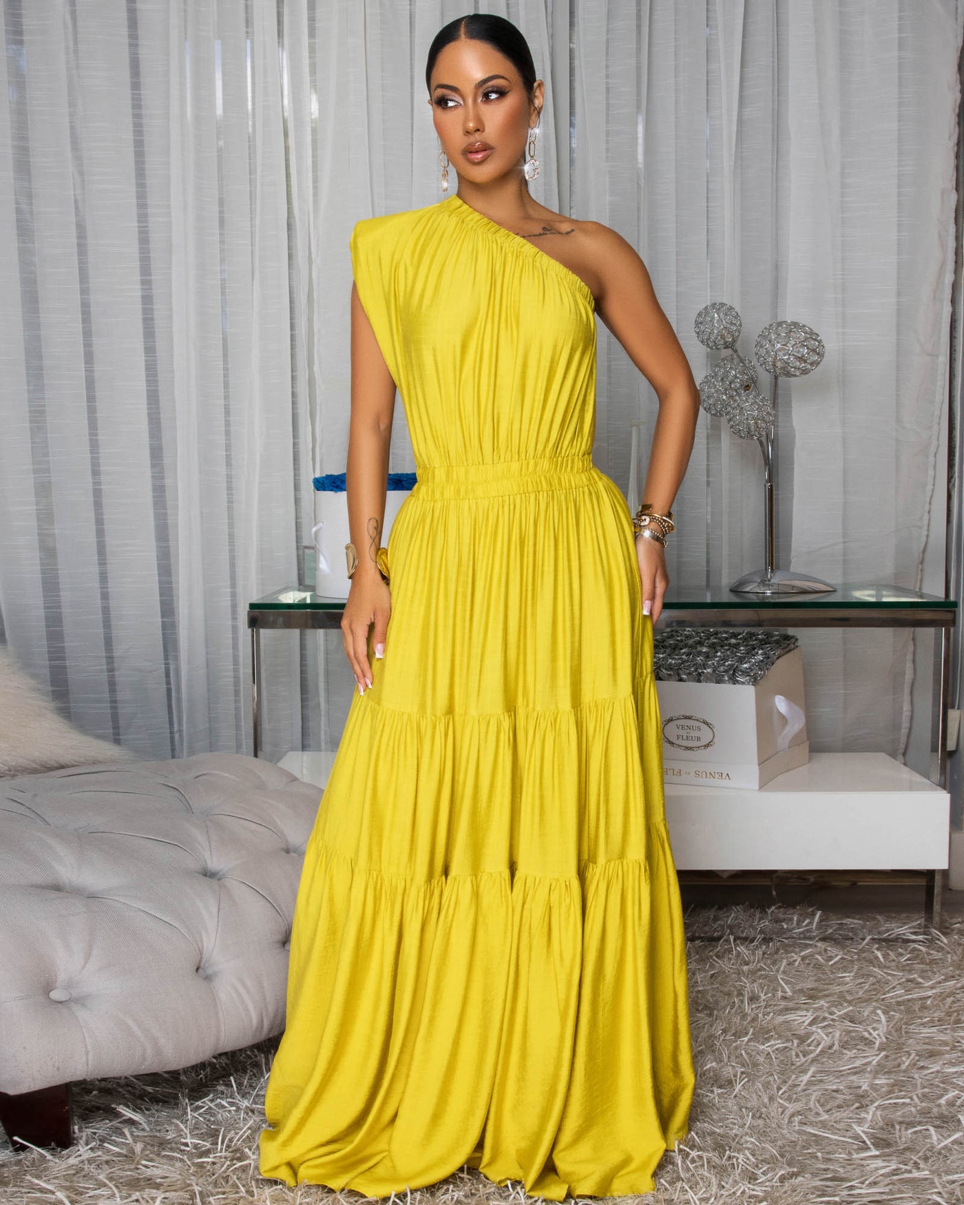 Belkys Chartreuse Single Shoulder Tiered Maxi Dress